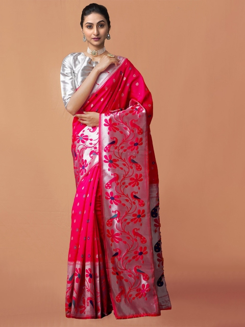 

Unnati Silks Pink & Blue Ethnic Motifs Zari Art Silk Paithani Saree