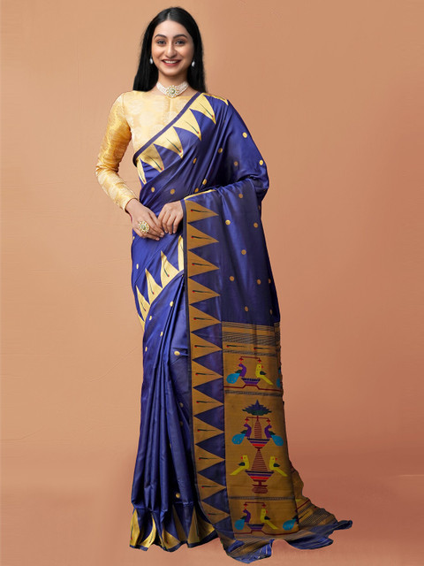 

Unnati Silks Navy Blue & Gold-Toned Ethnic Motifs Zari Art Silk Paithani Saree