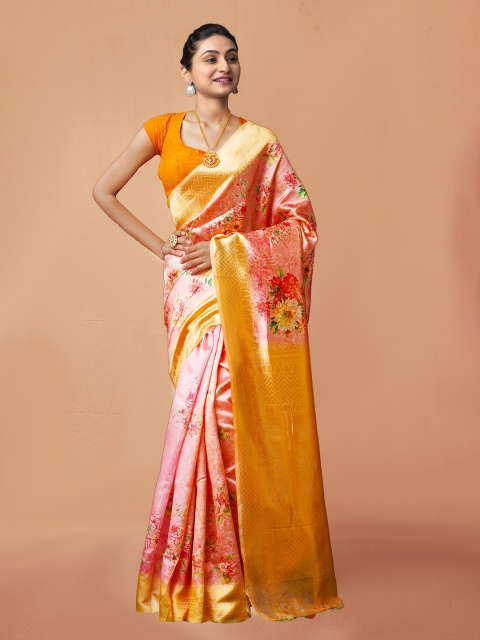

Unnati Silks Pink & Gold-Toned Floral Silk Cotton Baluchari Saree