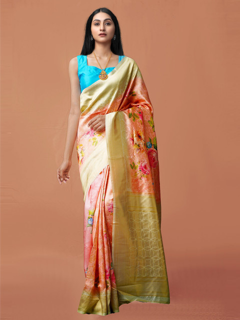

Unnati Silks Pink & Green Ethnic Motifs Zari Silk Cotton Baluchari Saree