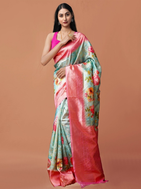 

Unnati Silks Blue & Coral Ethnic Motifs Silk Cotton Baluchari Saree