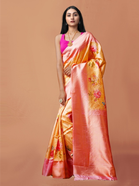

Unnati Silks Orange Floral Printed Bangalore Silk Cotton Saree