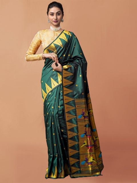 

Unnati Silks Green Ethnic Motifs Zari Art Silk Paithani Saree