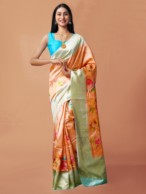 

Unnati Silks Orange & Blue Floral Digital Printed Zari Silk Cotton Baluchari Saree