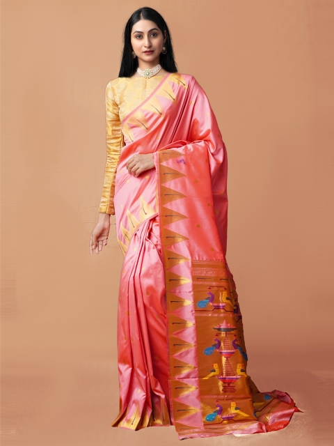 

Unnati Silks Peach-Coloured & Gold-Toned Ethnic Motifs Zari Art Silk Paithani Saree