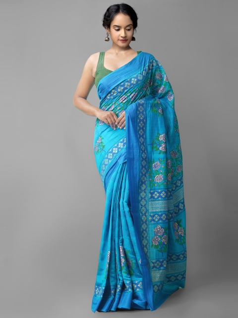 

Unnati Silks Blue & Green Block Printed Ethnic Motifs Silk Cotton Mysore Silk Saree