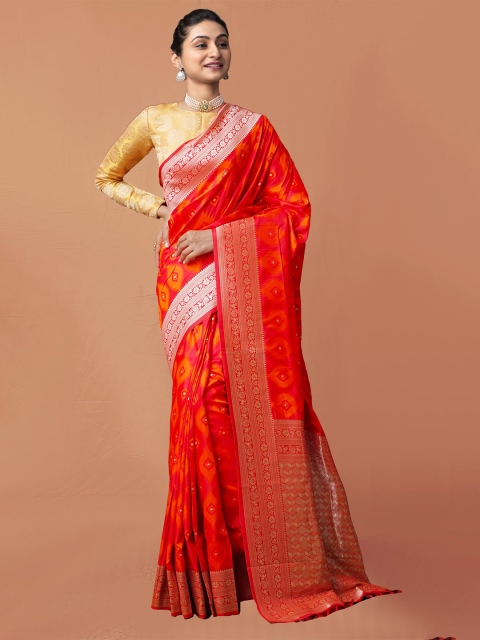 

Unnati Silks Red & Mustard Ethnic Motifs Zari Art Silk Paithani Saree
