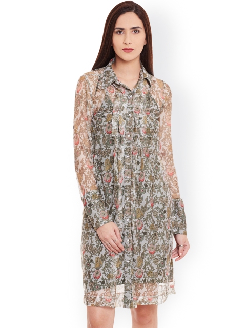 Cherymoya Women Off-White Floral Print Sheer Shirt Dress available at myntra for Rs.362
