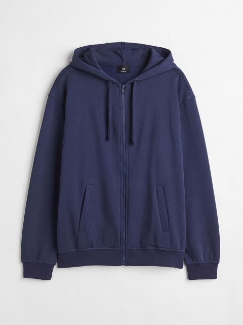 

H&M Men Navy Blue Solid Relaxed Fit Zip-Through Hoodie