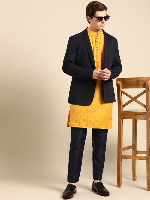 

Anouk Men Yellow & Navy Blue Pure Cotton Kurta Set