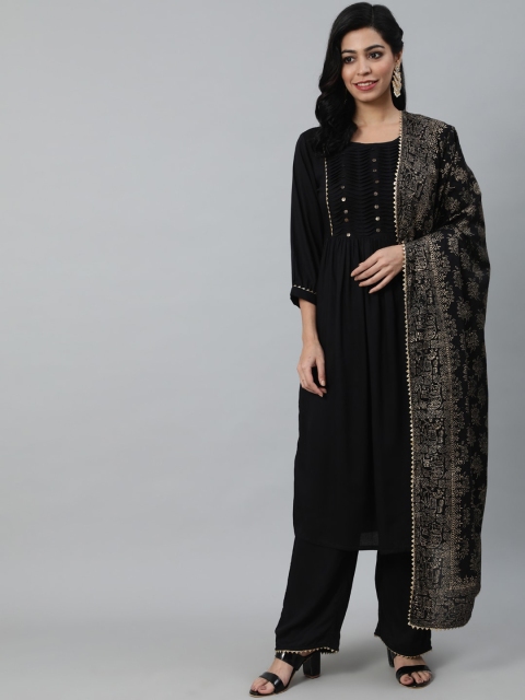 

Nayo Women Black Gathered Pure Cotton Kurta with Palazzo & Dupatta