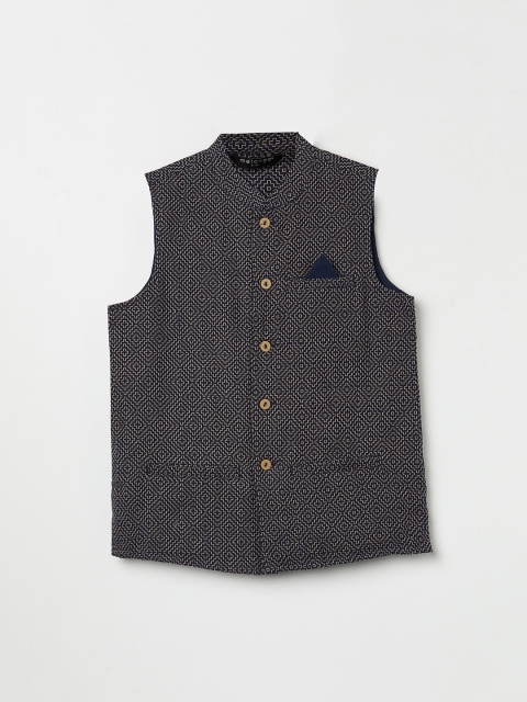 

Melange by Lifestyle Boys Navy Blue Geometric Pure Cotton Nehru Jacket