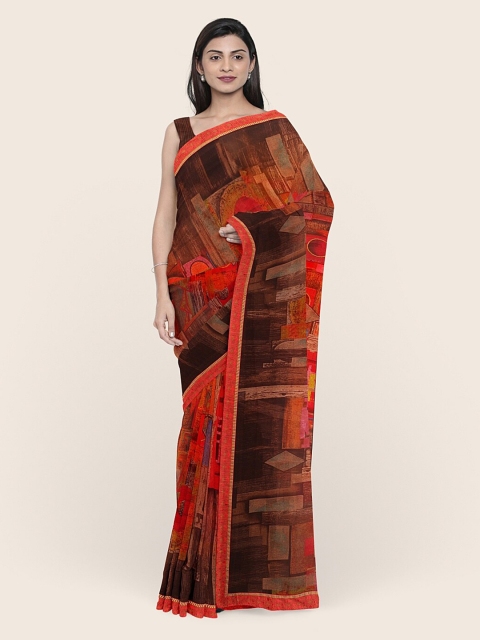 

Pothys Brown & Red Abstract Printed Poly Chiffon Saree
