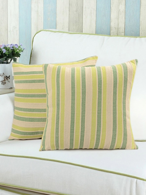 

Saral Home Green & Beige Set of 2 Striped 16" x 16" Square Cushion Covers