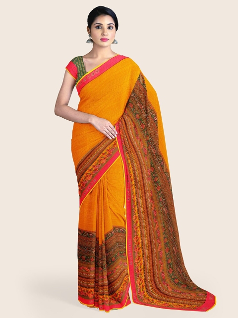 

Pothys Mustard & Green Floral Printed Poly Chiffon Saree