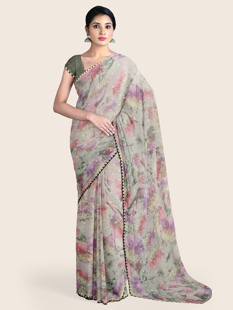 

Pothys Grey & Purple Abstract Printed Poly Chiffon Saree