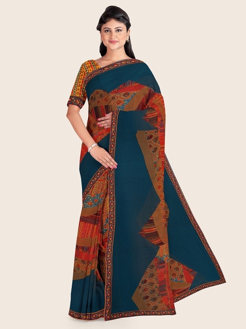 

Pothys Teal & Orange Printed Poly Chiffon Saree