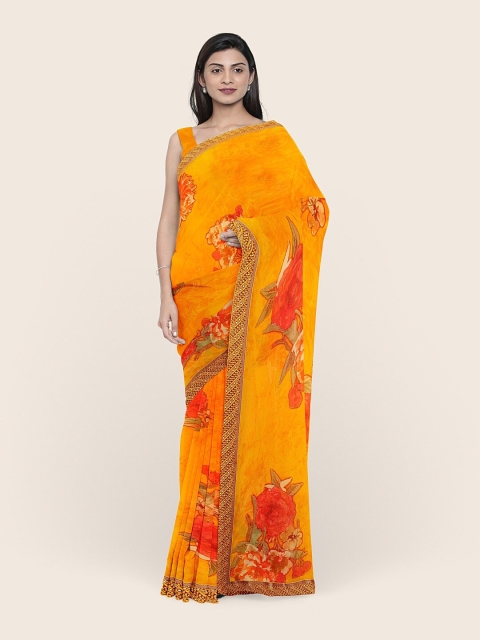 

Pothys Yellow & Red Floral Printed Poly Chiffon Saree