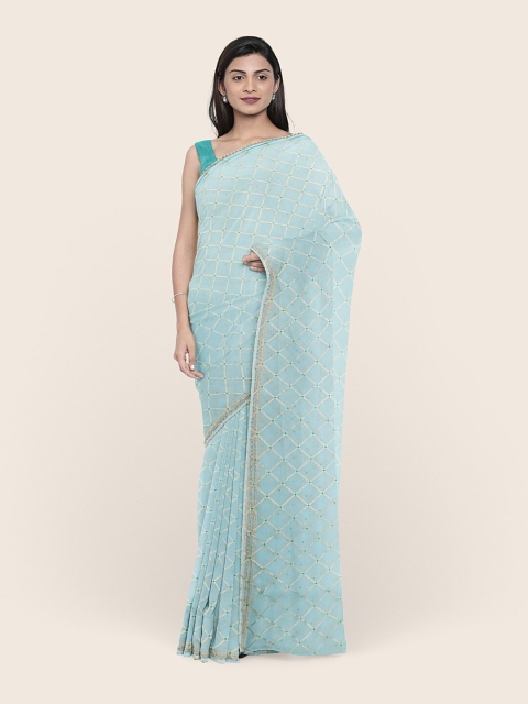 

Pothys Blue Geometric Poly Chiffon Saree