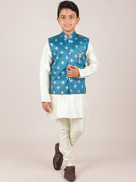 

Pothys Boys Cream Colored & Teal Printed Jacquard Sherwani