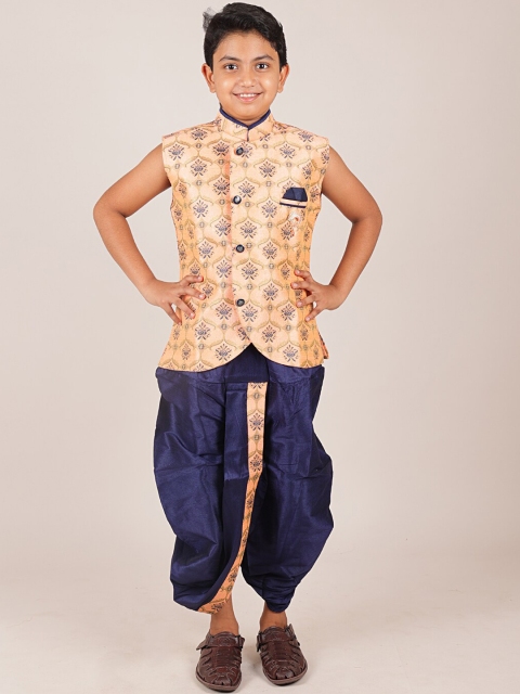 

Pothys Boys Peach-Coloured & Navy Blue Printed Jacquard Sherwani Set