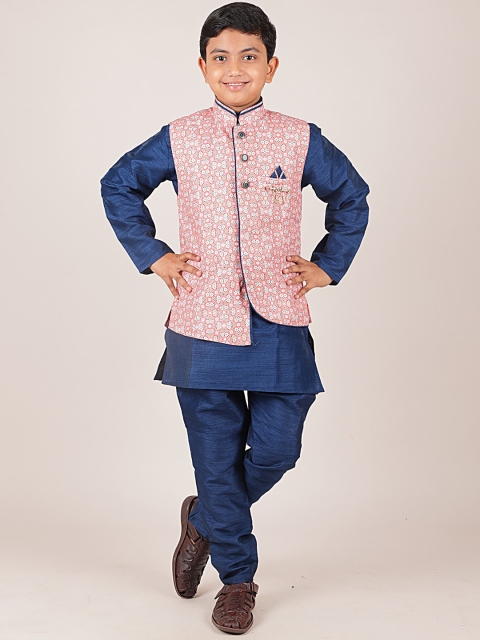 

Pothys Boys Red & Blue Printed Jacquard Sherwani Set
