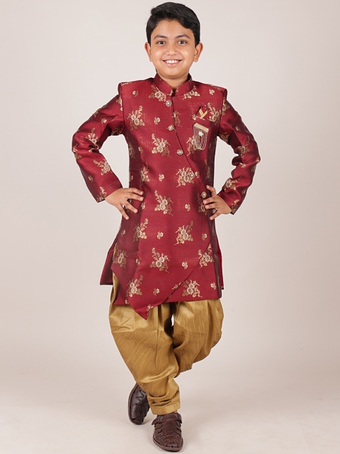 

Pothys Boys Maroon & Khaki Printed Jacquard Sherwani Set