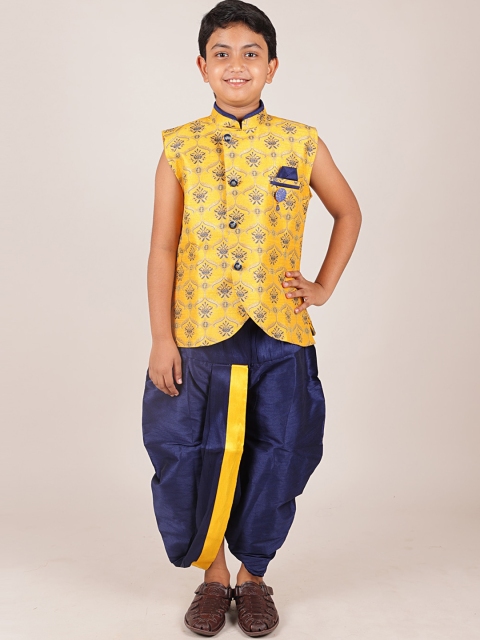 

Pothys Boys Yellow & Navy Blue Printed Jacquard Sherwani Set