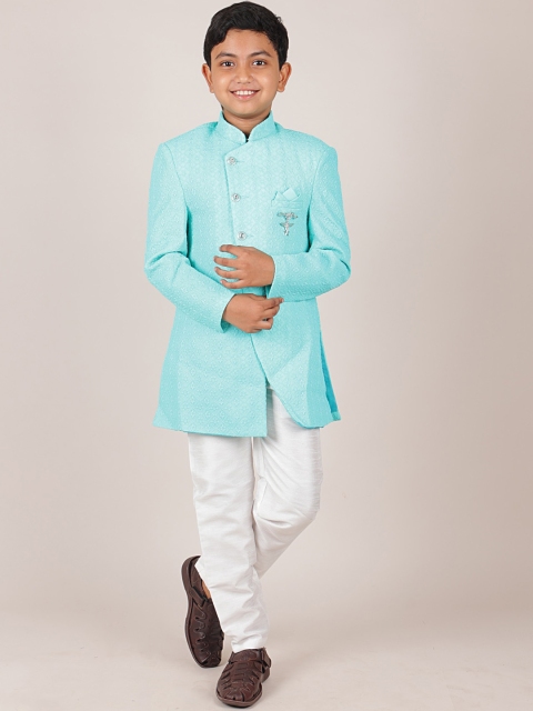 

Pothys Boys Turquoise Blue & White Woven Design Jacquard Sherwani