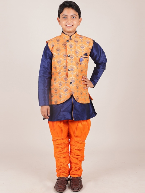 

Pothys Boys Orange & Navy Blue Printed Jacquard Sherwani Set