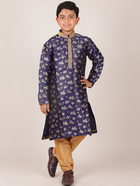 

Pothys Boys Navy Blue and Khaki Woven Design A-line Jacquard Kurta With Pyjama