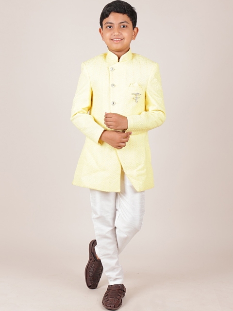 

Pothys Boys Yellow & White Jacquard Woven Design Sherwani Set