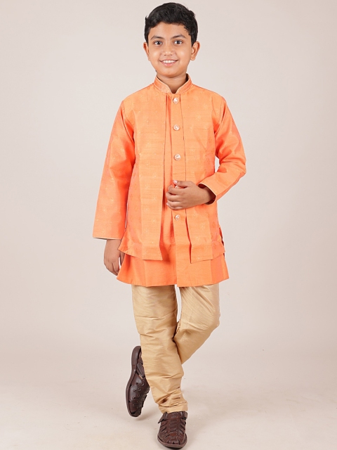 

Pothys Boys Peach & Khaki Woven Design Jacquard Sherwani Set