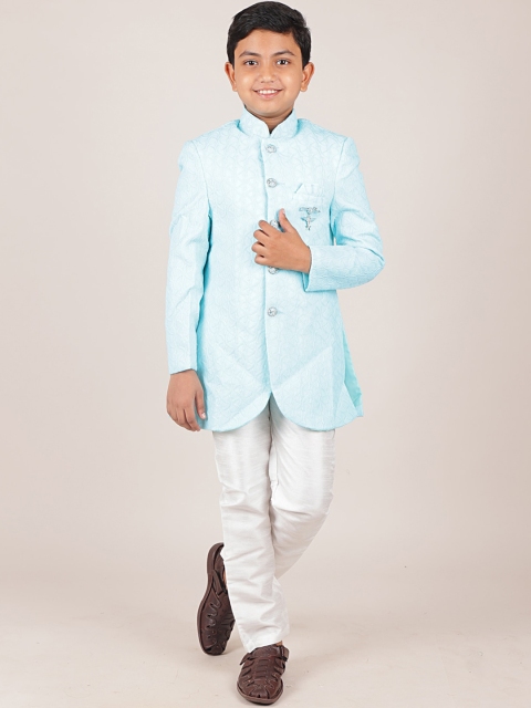 

Pothys Boys Blue & White Woven Design Jacquard Sherwani Set