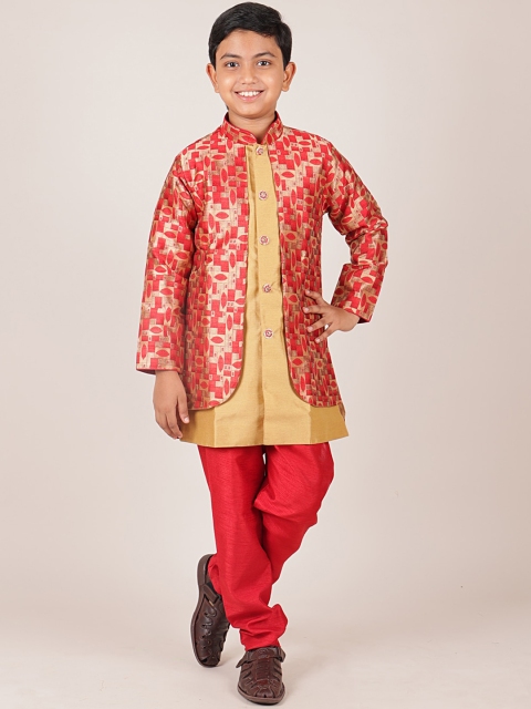 

Pothys Boys Red & Gold-Coloured Printed Jacquard Sherwani Set
