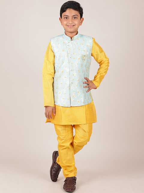 

Pothys Boys Blue Jacquard WaistCoat with Yellow Sherwani