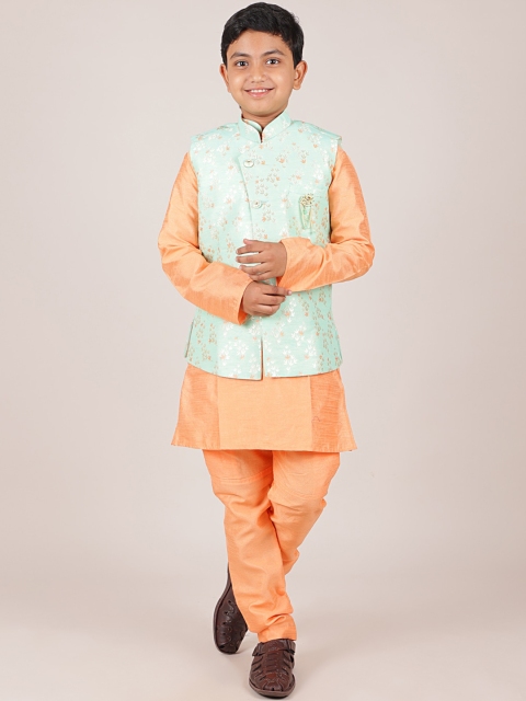 

Pothys Boys Peach Colored and Green Woven Design Jacquard Sherwani