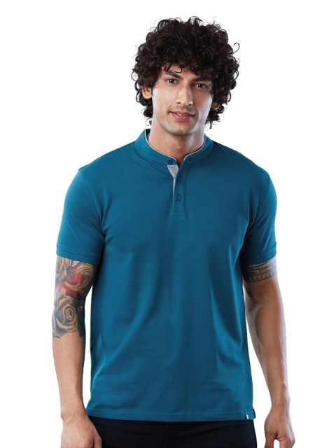 

The Souled Store Men Teal Solid Henley Neck Cotton T-shirt