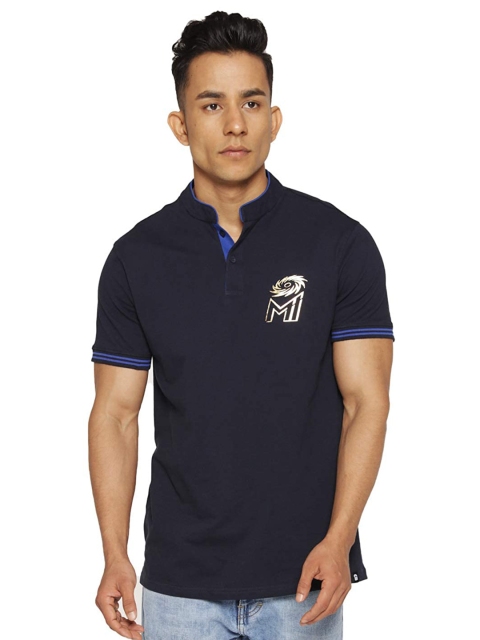 

The Souled Store Men Blue Mandarin Collar Applique T-shirt