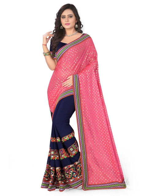 

KALINI Pink & Navy Blue Embellished Half and Half Chanderi Saree