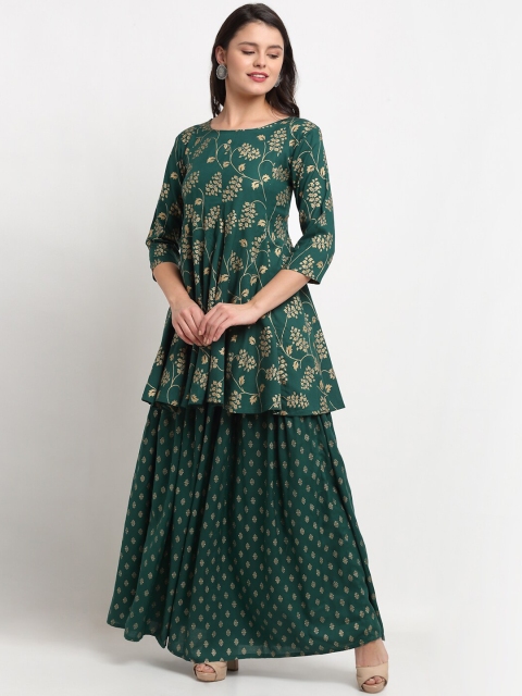 

The Mini NEEDLE Women Green Floral Printed Kurti with Skirt