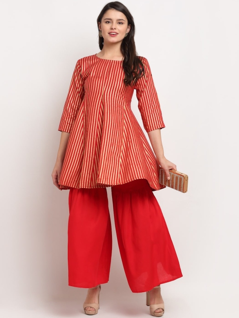 

The Mini NEEDLE Women Red Panelled Kurti with Palazzos