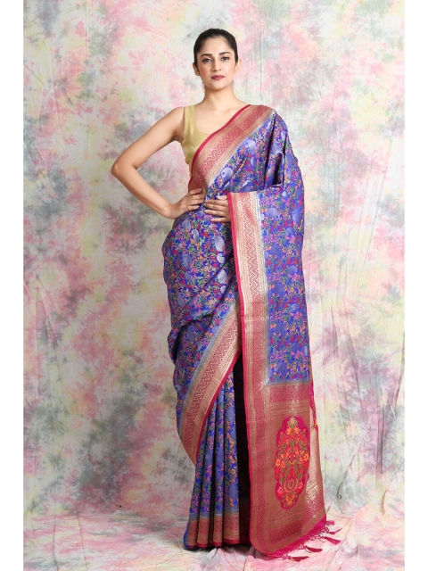 

Charukriti Blue & Silver-Toned Woven Design Pure Silk Saree