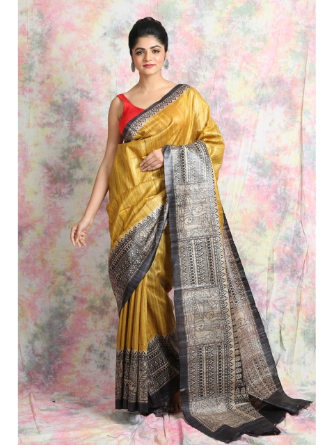 

Charukriti Mustard & Black Ethnic Motifs Pure Silk Saree