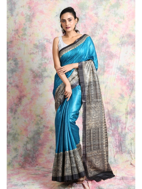 

Charukriti Blue & Silver-Toned Woven Design Pure Silk Saree