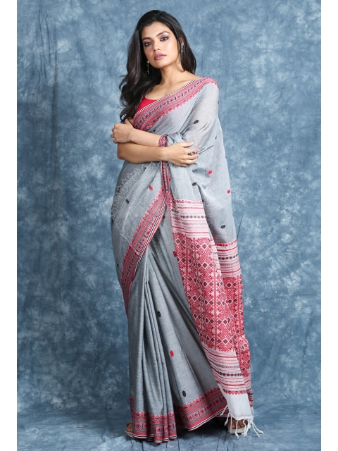 

Charukriti Grey & Pink Woven Design Saree
