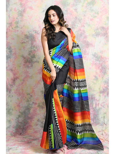 

Charukriti Black & Blue Printed Pure Silk Saree