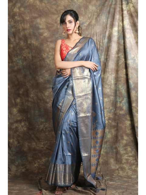 

Charukriti Steel & Gold-Toned Ethnic Motifs Zari Pure Silk Saree