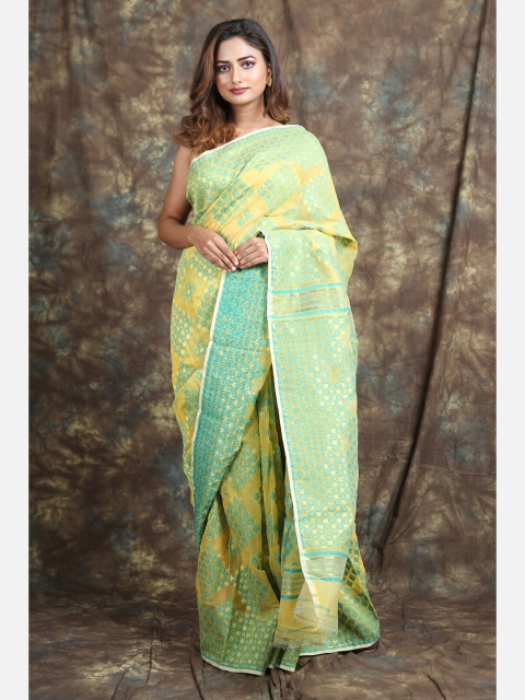 

Charukriti Yellow & Green Woven Design Silk Cotton Jamdani Saree