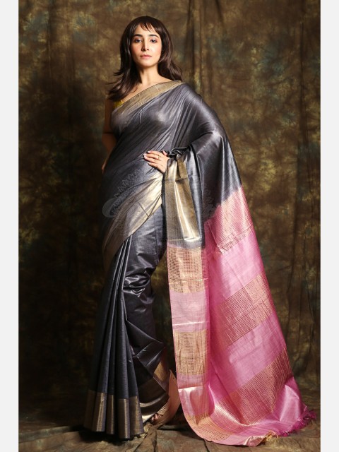 

Charukriti Grey & Pink Woven Design Saree